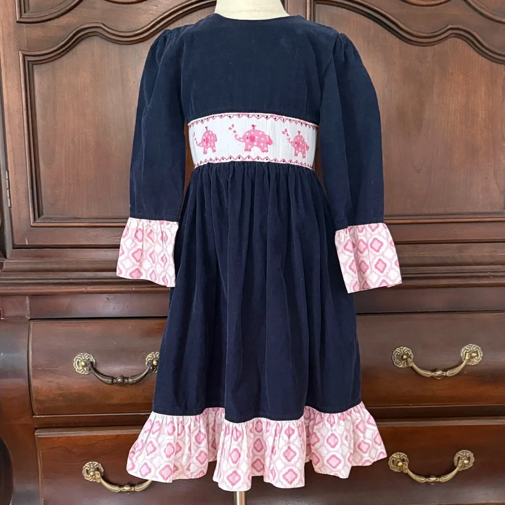 Shrimp & Grits Kids Elephant Applique Smocked Dress Girls 6 Navy Pink Tie Back B